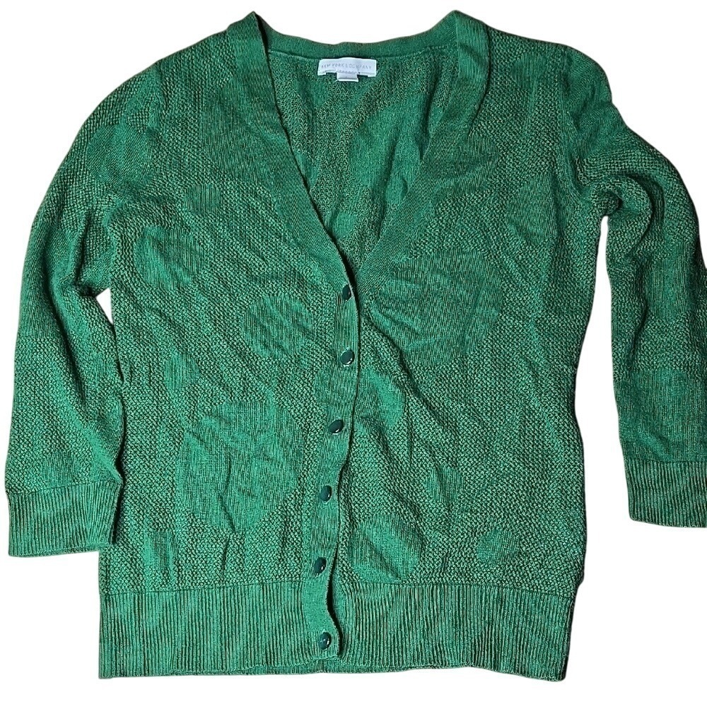 New York & Company Polka Dot Knit Cardigan,‎ Green, Solid Preppy Casual Small